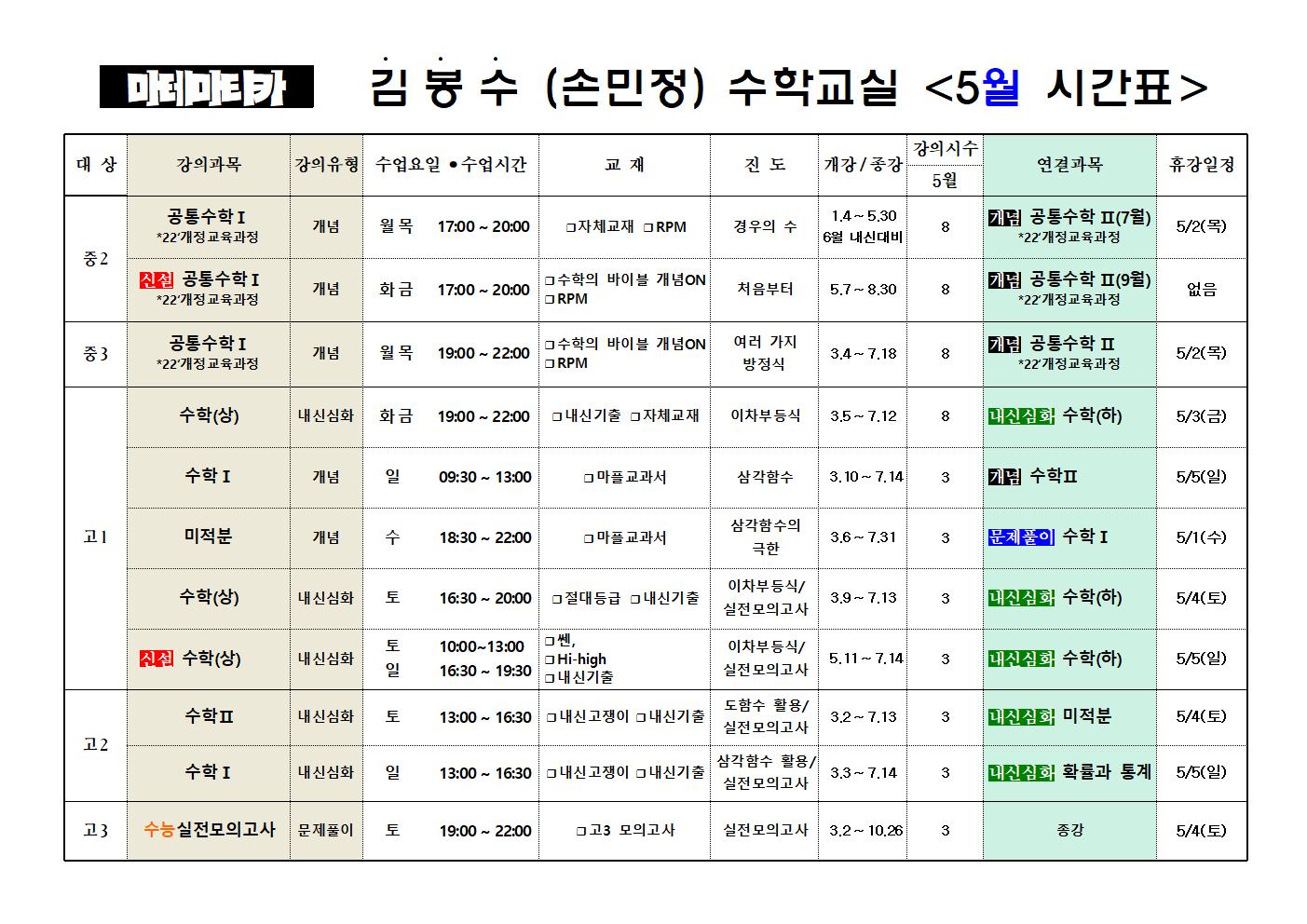 강사 김봉수선생님 시간표